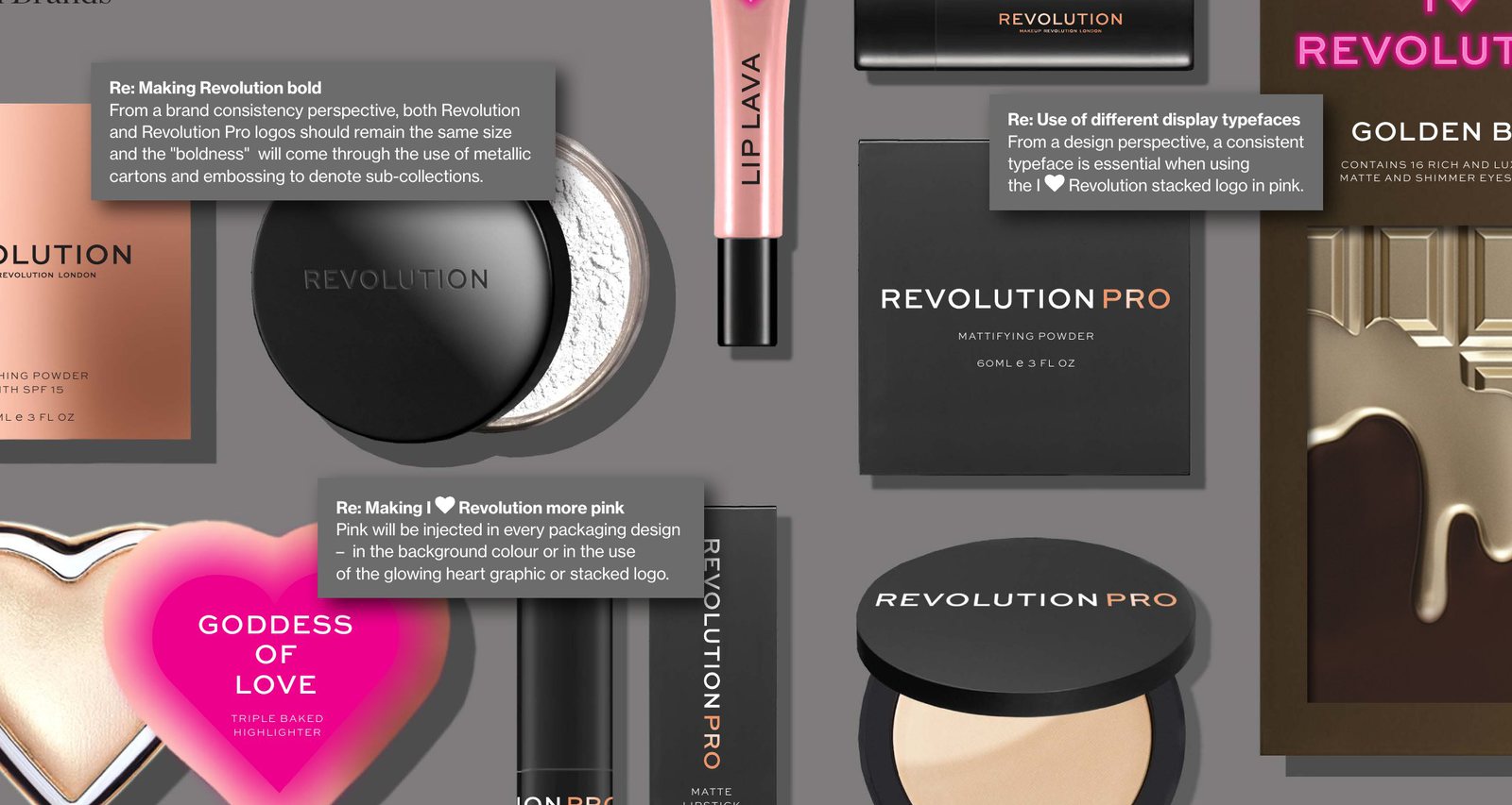 Revolution Beauty packaging range presented on a guideline page